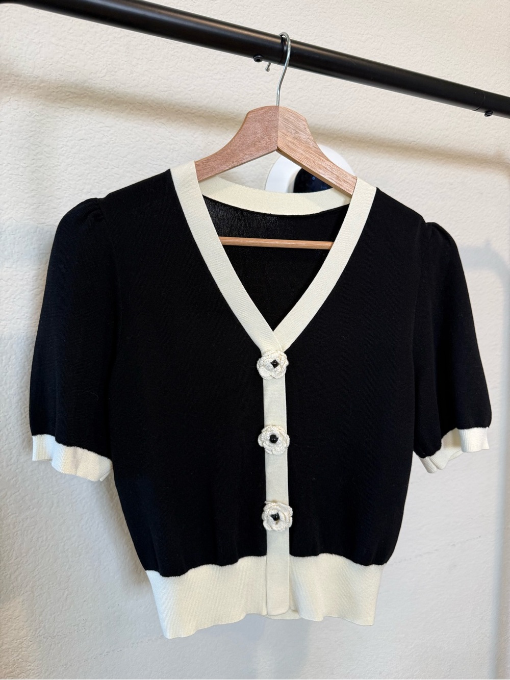 Black & Cream Short Sleeve Cardigan Sweater